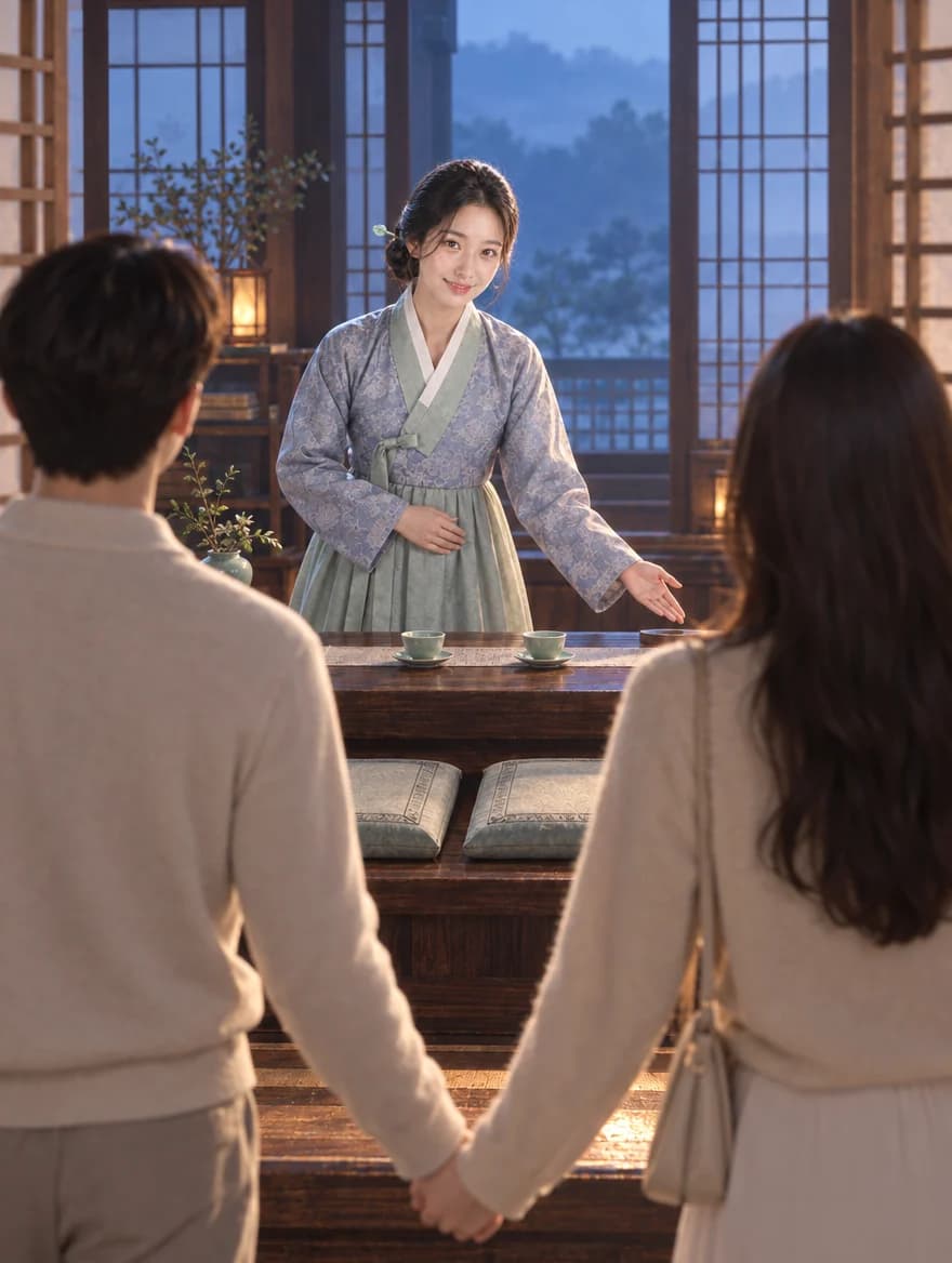 손을 잡고 서재에 들어서는 두 사람과 맞이하는 채운 (AI로 만든 인물)