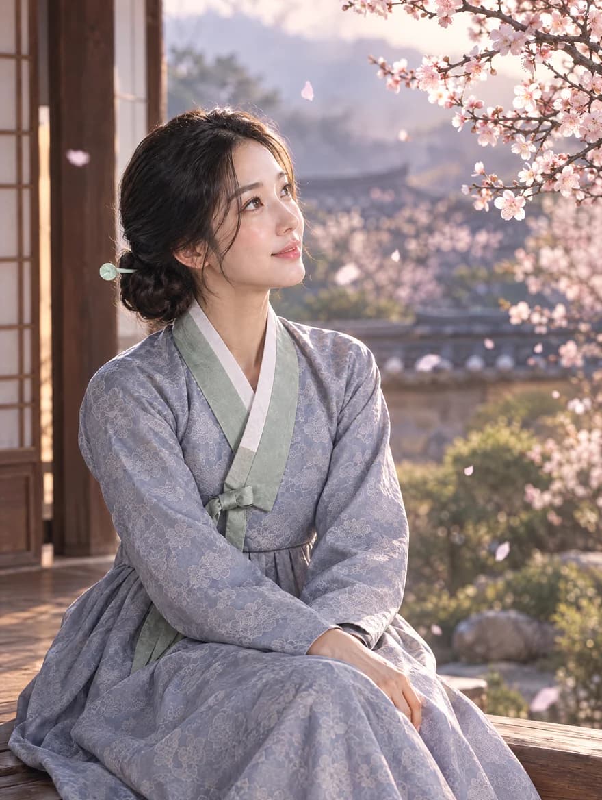 매화가 핀 마루에 앉아 바깥을 바라보는 채운 (AI로 만든 인물)