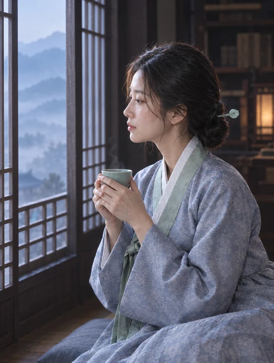 창가에서 찻잔을 들고 생각에 잠긴 채운의 옆모습 (AI로 만든 인물)