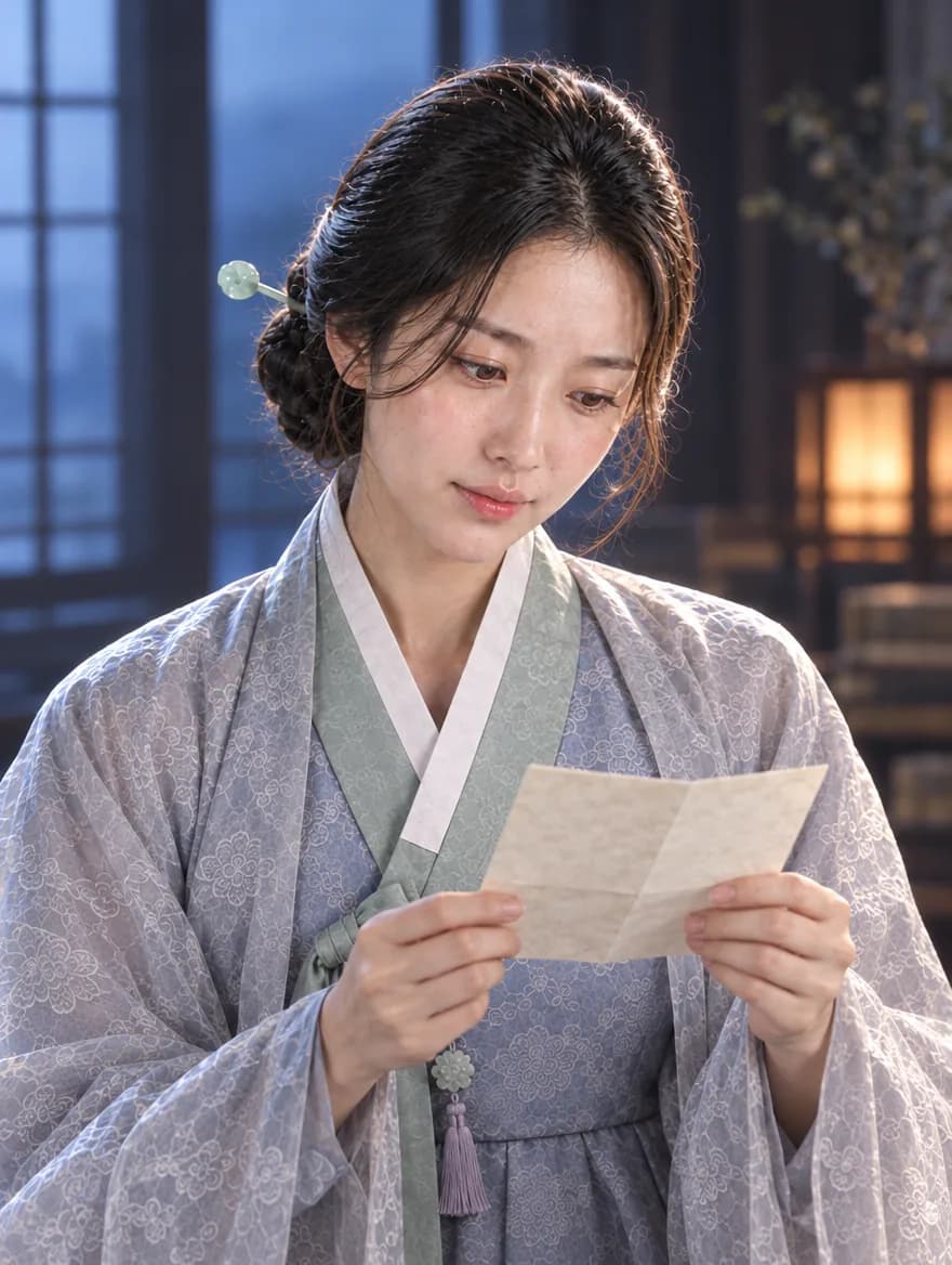 한지 쪽지를 두 손으로 들고 읽는 해설 선생 채운 (AI로 만든 인물)